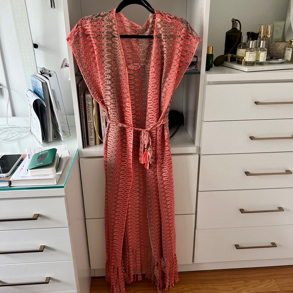 Becca Neon Coral Crochet Cover-Up sz XS-S - Picture 1 of 4